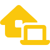 Geel huis symbool met laptop pictogram.