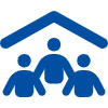 Pictogram van drie mensen onder een dak, symbool voor gemeenschap.
