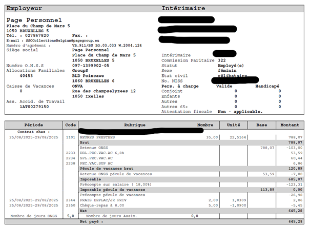 A payslip for a temporary worker, for the period August 2025, with personal details redacted and gross and net pay shown.