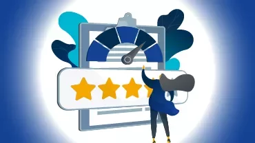 Illustration of a person reaching for a four-star rating on a speedometer.