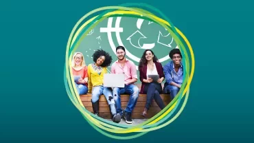 Group of diverse students with laptops against a recycling symbol background.