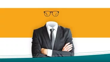 Headless suit with glasses against orange background.
