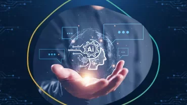 A hand holds a digital globe with AI and tech icons on a dark background.