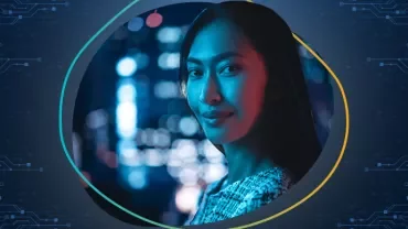 Vrouw met futuristische stadsachtergrond en techontwerp overlay.