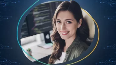 Woman smiling at a computer, surrounded by circuit graphics.