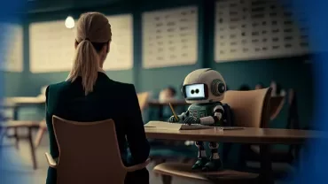 Woman in a business suit sitting across from a small robot at a desk.