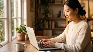 Une femme souriante consulte des offres d’emploi sur son ordinateur portable depuis chez elle.