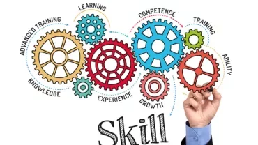 Colorful gears illustrating skill development with words like knowledge and training.