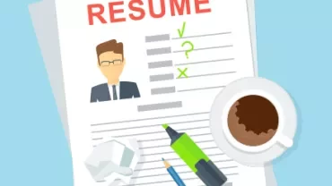 Illustration d'un CV avec une tasse de café, un stylo et un surligneur.