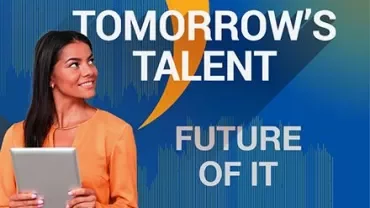 Vrouw met tablet, tekst: Tomorrow's Talent - Future of IT.