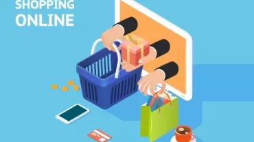 Illustration du shopping en ligne avec des mains tenant des sacs et un cadeau.
