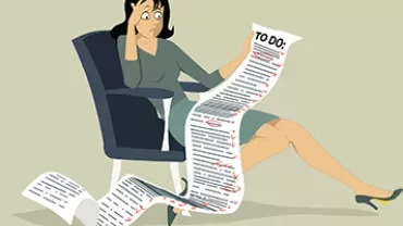 Cartoon vrouw overweldigd door een lange takenlijst.