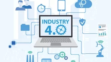 Illustration of Industry 4.0 with a laptop and connected icons.