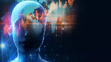 Digitale gezichtsafbeelding met data-analyse op achtergrond.