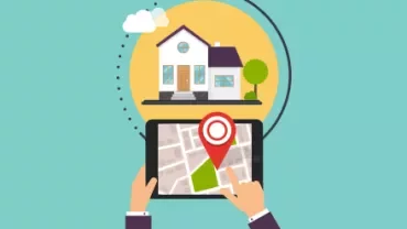 Illustration d'une tablette avec une carte et un repère indiquant une maison.