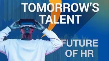 Personne portant un casque VR sous le texte 'Tomorrow's Talent: Future of HR'.