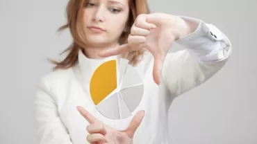 Woman framing a pie chart with her hands.