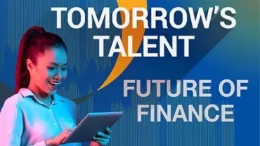 Vrouw glimlachend naar tablet, tekst: Morgen's Talent, Toekomst van Financiën.