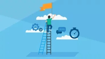 Personne sur une échelle atteignant un drapeau parmi les nuages avec des engrenages et une horloge.