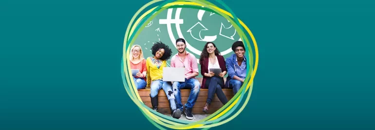 Group of diverse students with laptops against a recycling symbol background.