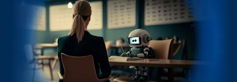 Woman in a business suit sitting across from a small robot at a desk.