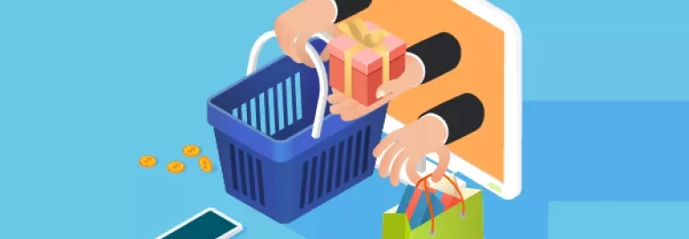 Illustration of online shopping with hands from a screen holding bags and a gift.