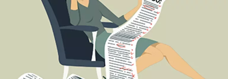 Cartoon vrouw overweldigd door een lange takenlijst.