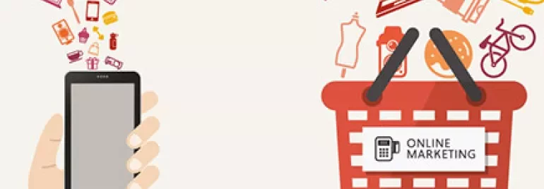 Smartphone avec icônes menant au panier en ligne.