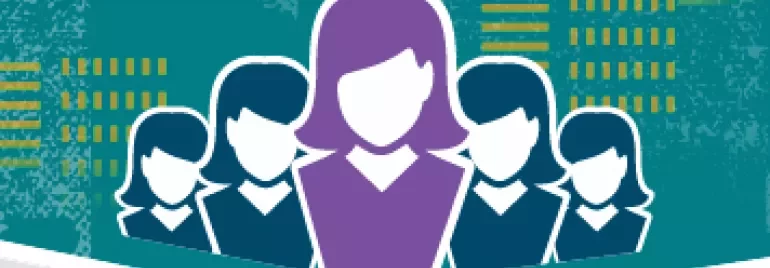 Illustration of women leaders in front of buildings.