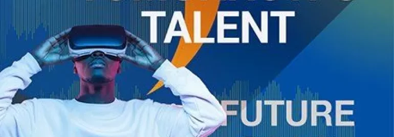 Personne portant un casque VR sous le texte 'Tomorrow's Talent: Future of HR'.