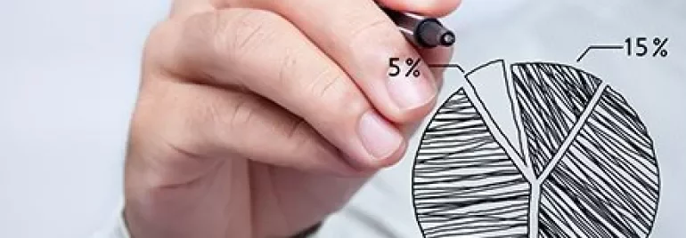 Personne dessinant un camembert sur verre avec segments de 45%, 35%, 15% et 5%.