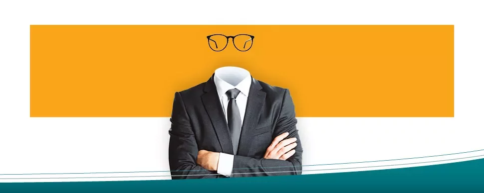 Headless suit with glasses against orange background.
