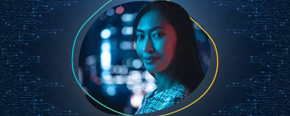 Woman with long hair in a futuristic blue and red light setting.
