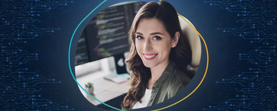 Woman smiling at a computer, surrounded by circuit graphics.