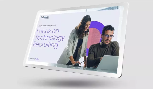 Two people reviewing a tech recruiting report on a tablet.