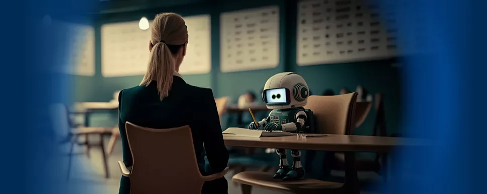 Woman in a business suit sitting across from a small robot at a desk.