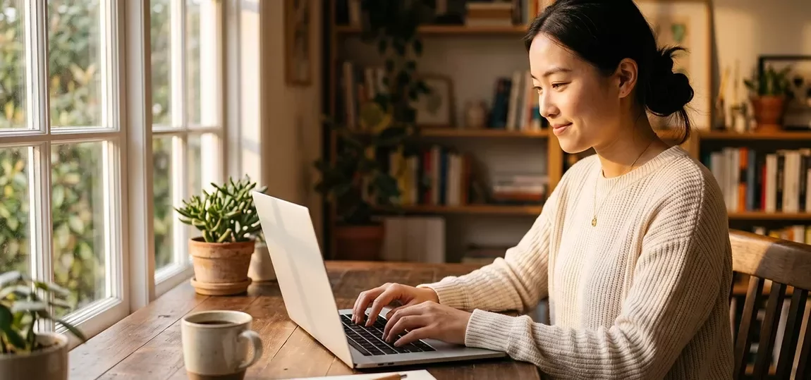Une femme souriante consulte des offres d’emploi sur son ordinateur portable depuis chez elle.