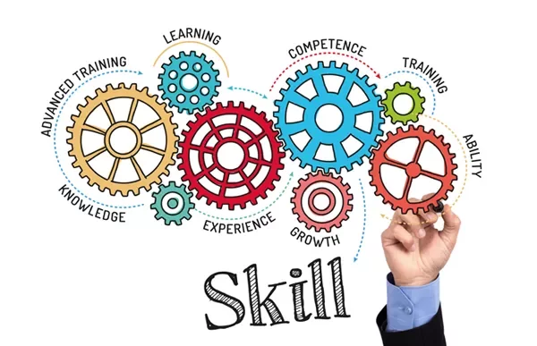 Colorful gears illustrating skill development with words like knowledge and training.